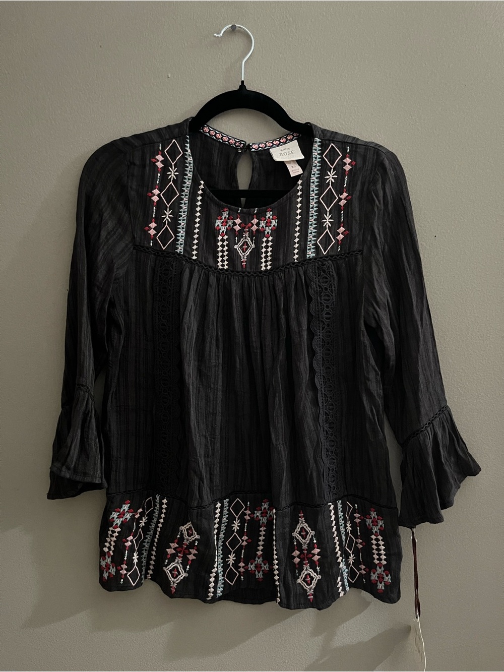 Knox Rose NWT Blouse XS Black Embroidered Boho Aztec Bell Sleeves Whimsigoth